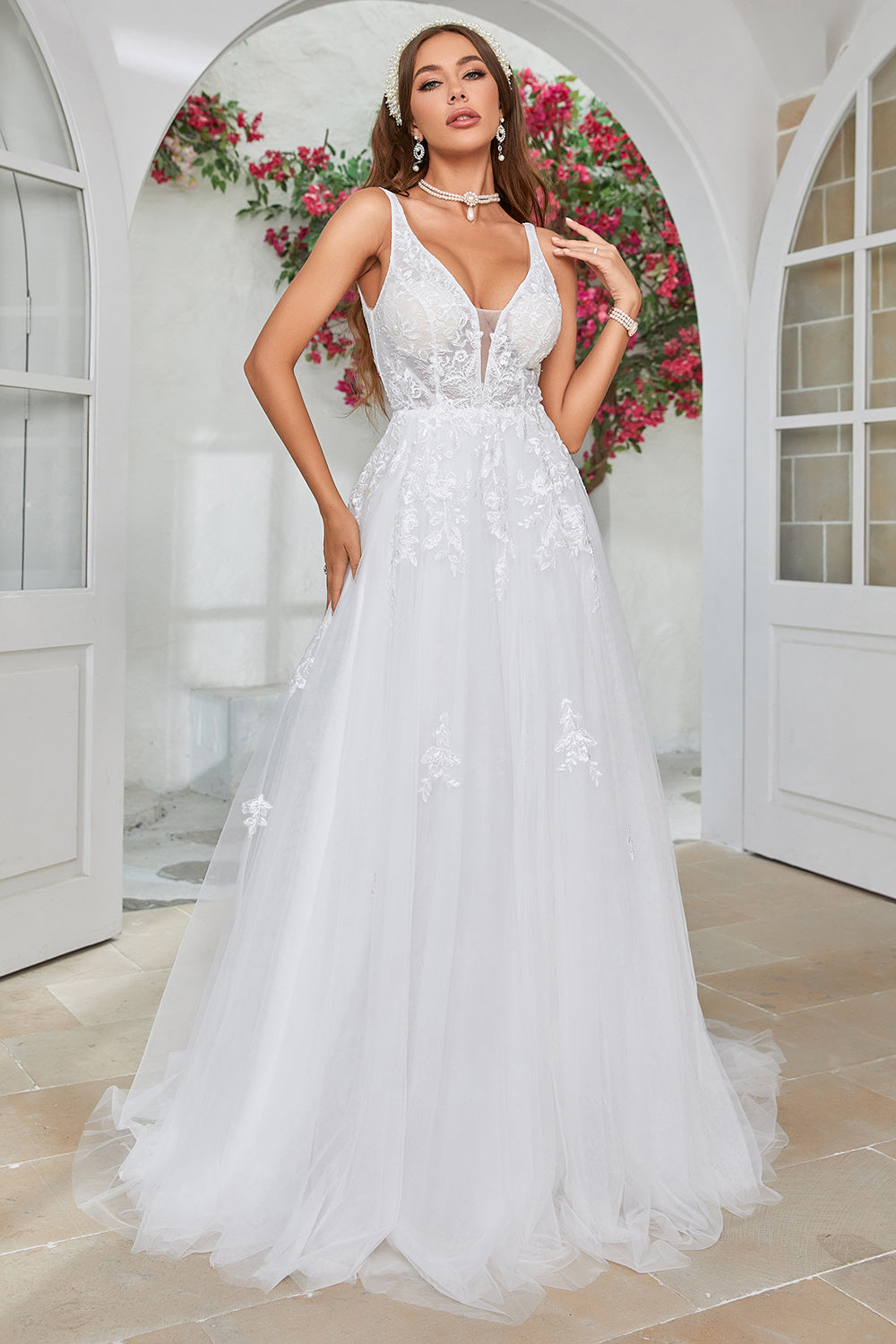 Ivory V-Neck Sweep Train Wedding Dress with Lace