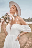 Off The Shoulder Ivory Boho Chiffon Ruched A Line Wedding Dress