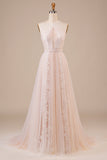 Tulle Halter Keyhole Champagne Wedding Dress with Appliques