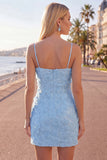 Pink Bodycon Spaghetti Straps Beaded Floral Short Formal Dress with Bow