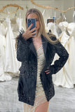 Sparkly Black Peak Lapel Sequins Women Blazer with Feathers