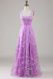 Purple Corset Butterflies A-Line Long Tulle Prom Dress with Slit