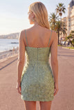 Pink Bodycon Spaghetti Straps Beaded Floral Short Formal Dress with Bow
