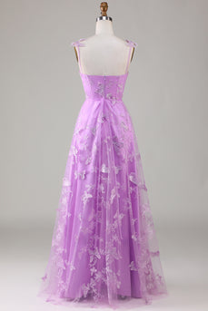 Purple Corset Butterflies A-Line Long Tulle Prom Dress with Slit