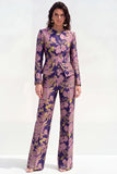 Green Flower 2 Piece Round Neck Single Breasted Jacquard Women Suits