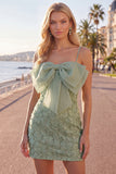 Pink Bodycon Spaghetti Straps Beaded Floral Short Formal Dress with Bow