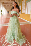 Green Corset Butterflies Long Tulle Prom Dress with Slit