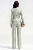 Green Flower 2 Piece Round Neck Single Breasted Jacquard Women Suits