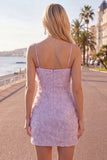 Pink Bodycon Spaghetti Straps Beaded Floral Short Formal Dress with Bow