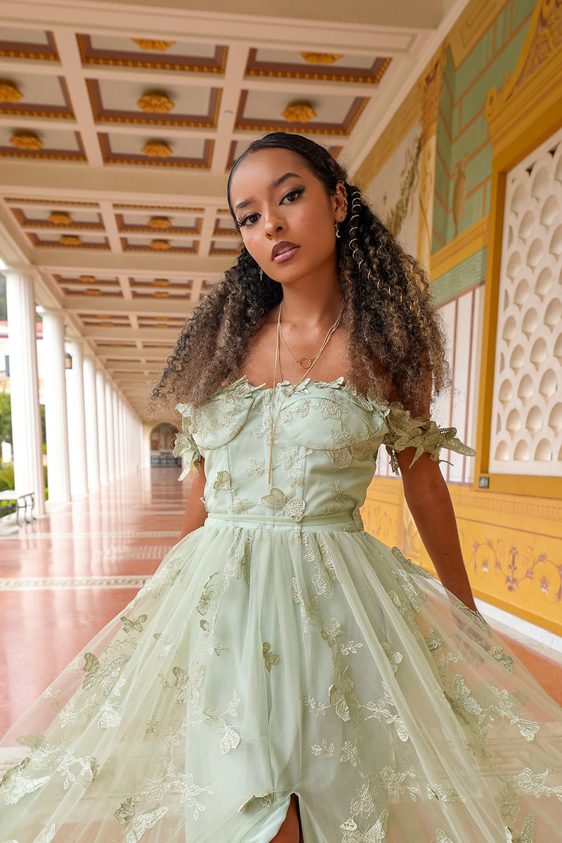 Load image into Gallery viewer, Green Corset Butterflies Long Tulle Prom Dress with Slit