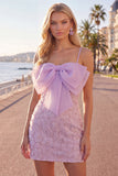 Pink Bodycon Spaghetti Straps Beaded Floral Short Formal Dress with Bow