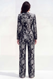 Green Flower 2 Piece Round Neck Single Breasted Jacquard Women Suits