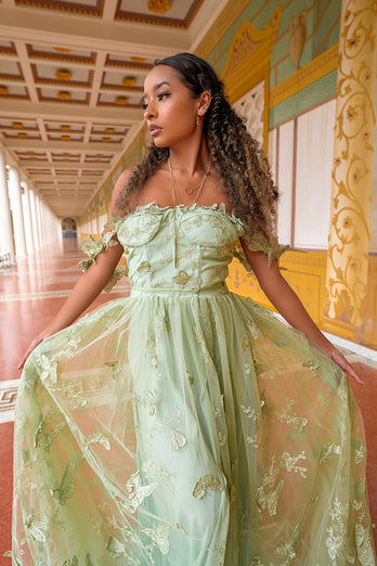 Green Corset Butterflies Long Tulle Prom Dress with Slit