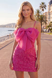 Pink Bodycon Spaghetti Straps Beaded Floral Short Formal Dress with Bow