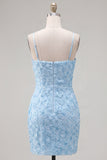 Pink Bodycon Spaghetti Straps Beaded Floral Short Formal Dress with Bow