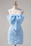 Pink Bodycon Spaghetti Straps Beaded Floral Short Formal Dress with Bow