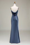 Dusty Blue Sheath Spaghetti Straps Satin Long Bridesmaid Dress