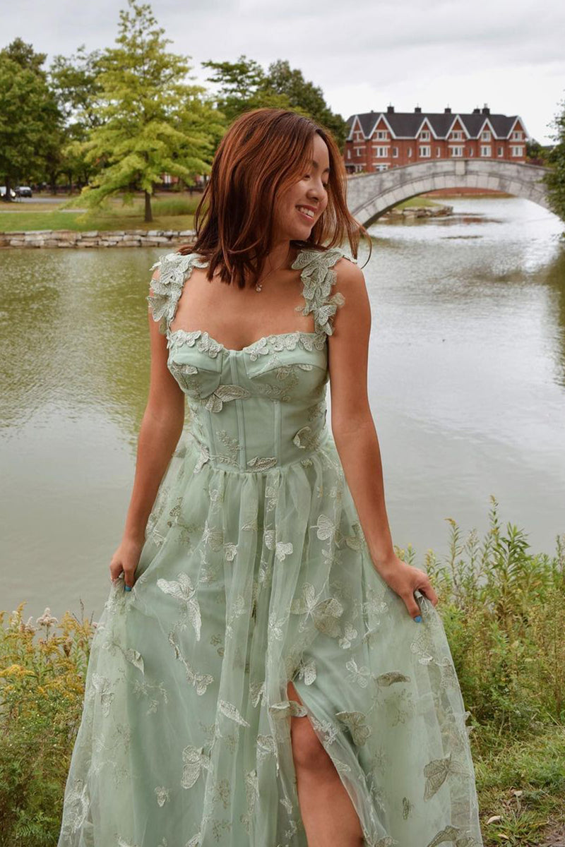 Load image into Gallery viewer, Green Corset Butterflies A-Line Long Tulle Prom Dress with Slit