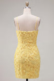 Pink Bodycon Spaghetti Straps Beaded Floral Short Formal Dress with Bow