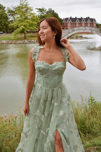 Green Corset Butterflies A-Line Long Tulle Prom Dress with Slit