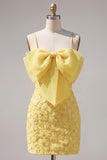 Pink Bodycon Spaghetti Straps Beaded Floral Short Formal Dress with Bow