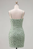 Pink Bodycon Spaghetti Straps Beaded Floral Short Formal Dress with Bow