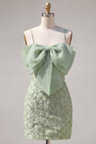 Pink Bodycon Spaghetti Straps Beaded Floral Short Formal Dress with Bow