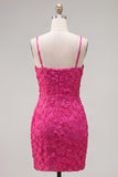 Pink Bodycon Spaghetti Straps Beaded Floral Short Formal Dress with Bow