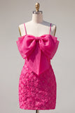 Pink Bodycon Spaghetti Straps Beaded Floral Short Formal Dress with Bow