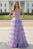 Lilac Strapless A Line Sequins Corset Tiered Ruffle Long Prom Dress with Slit