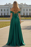 Off The Shoulder Dark Green Beaded A Line Corset Long Prom Dress with Slit