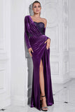 Dark Purple One Shoulder Pleated Long Sleeves Evening Dress with Slit