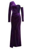 Dark Purple One Shoulder Pleated Long Sleeves Evening Dress with Slit