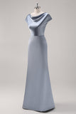 Grey Blue Satin Cowl Collar Bridesmaid Dress with Cape Sleeves