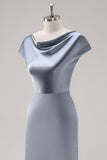 Grey Blue Satin Cowl Collar Bridesmaid Dress with Cape Sleeves