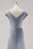 Grey Blue Satin Cowl Collar Bridesmaid Dress with Cape Sleeves