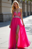 Fuchsia Beads Strapless A Line Tulle Formal Dress with Slit