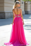 Fuchsia Beads Strapless A Line Tulle Formal Dress with Slit