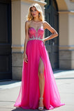 Fuchsia Beads Strapless A Line Tulle Formal Dress with Slit