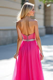 Fuchsia Beads Strapless A Line Tulle Formal Dress with Slit