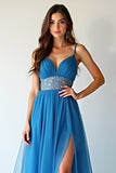 Blue Tulle Spaghetti Straps A-Line Ruched Long Wedding Guest Dress with Slit