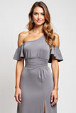 Off The Shoulder Grey Ruffled Sheath Bridesmaid Dress