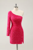 Hot Pink One Shoulder Glitter Sequined Cocktail  Dress with Slit