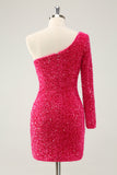 Hot Pink One Shoulder Glitter Sequined Cocktail  Dress with Slit