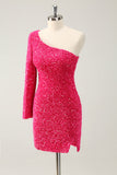 Hot Pink One Shoulder Glitter Sequined Cocktail  Dress with Slit