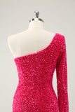 Hot Pink One Shoulder Glitter Sequined Cocktail  Dress with Slit