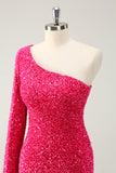 Hot Pink One Shoulder Glitter Sequined Cocktail  Dress with Slit