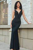 Sparkly Mermaid Deep V Neck Black Lace Long Formal Dress with Beading