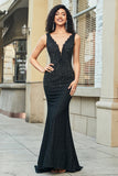 Sparkly Mermaid Deep V Neck Black Lace Long Formal Dress with Beading