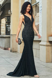 Sparkly Mermaid Deep V Neck Black Lace Long Formal Dress with Beading